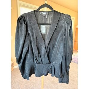DKNY Womens Black V Neck Long Sleeve Peplum Blouse Top Size XS‎